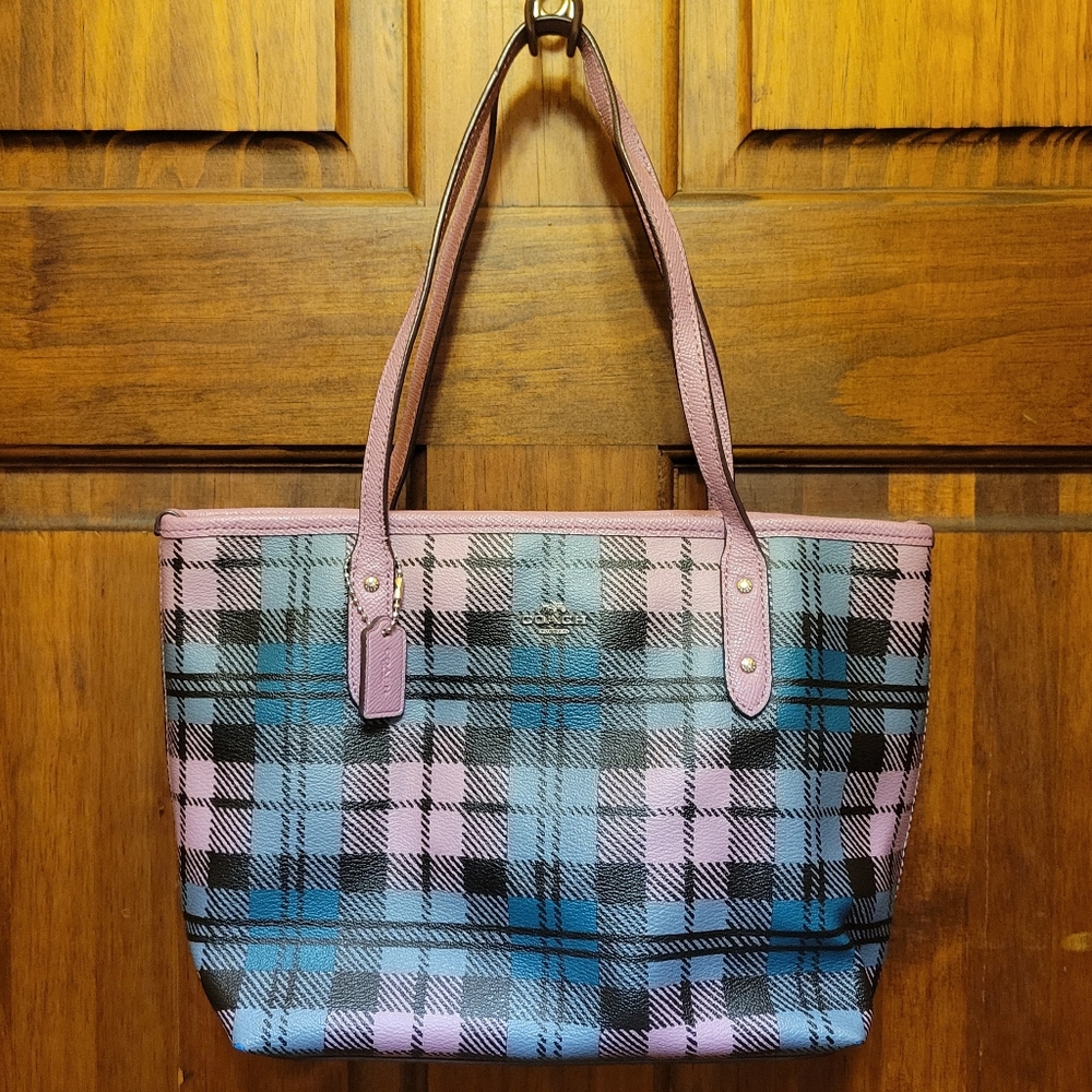 Coach Wild Plaid Purple, Black & Blues Mini City Zip Tote Handbag F22245